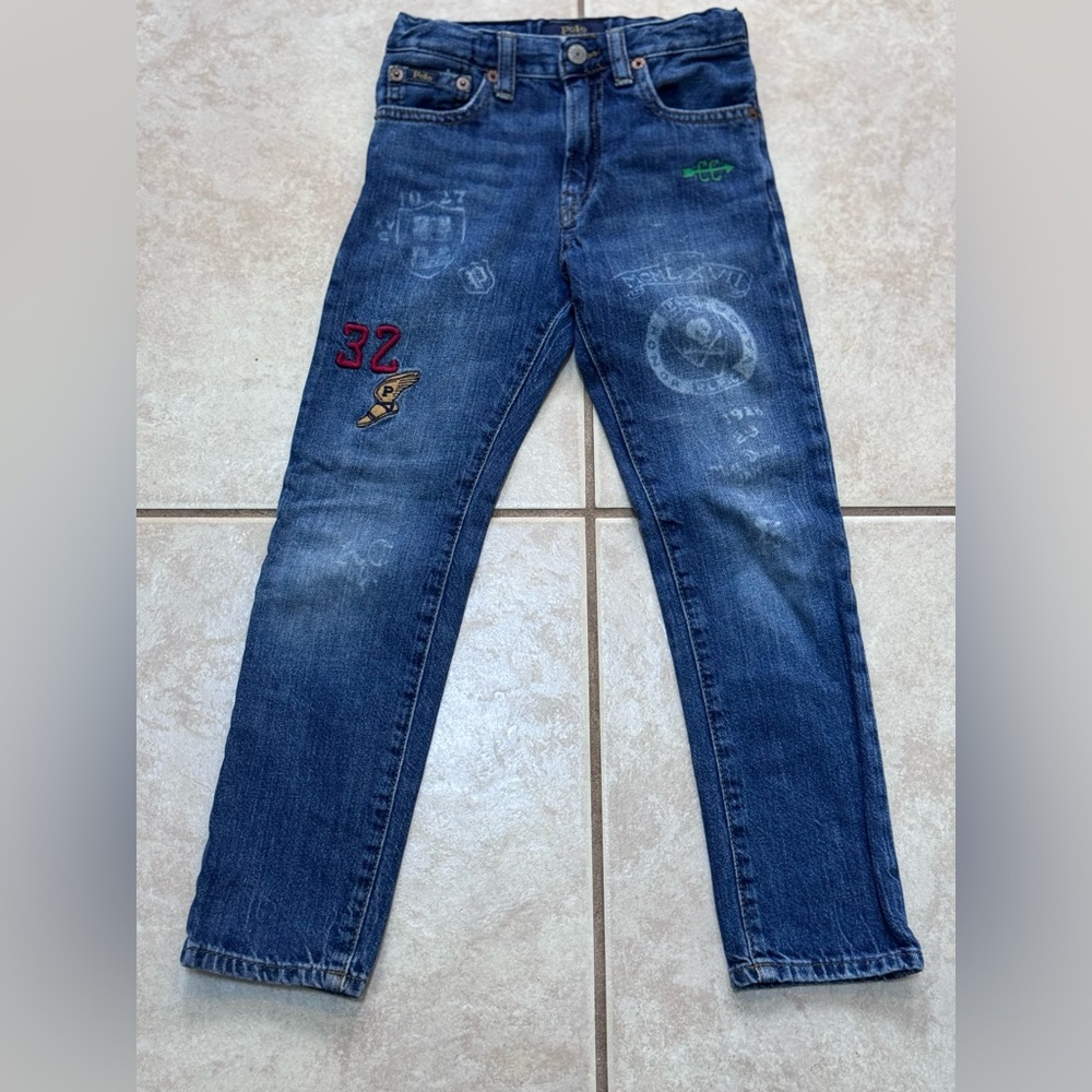 Polo by Ralph Lauren Kids Varsity Blue Jeans with Embroidery and graffiti. EUC